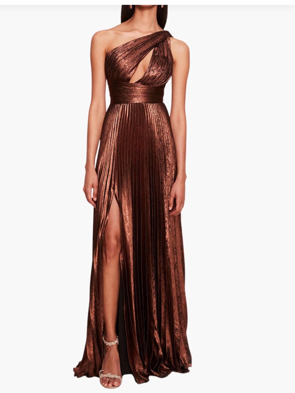 Marchesa Notte Metallic Lame Pleated One shoulder gown  copper brown size 4